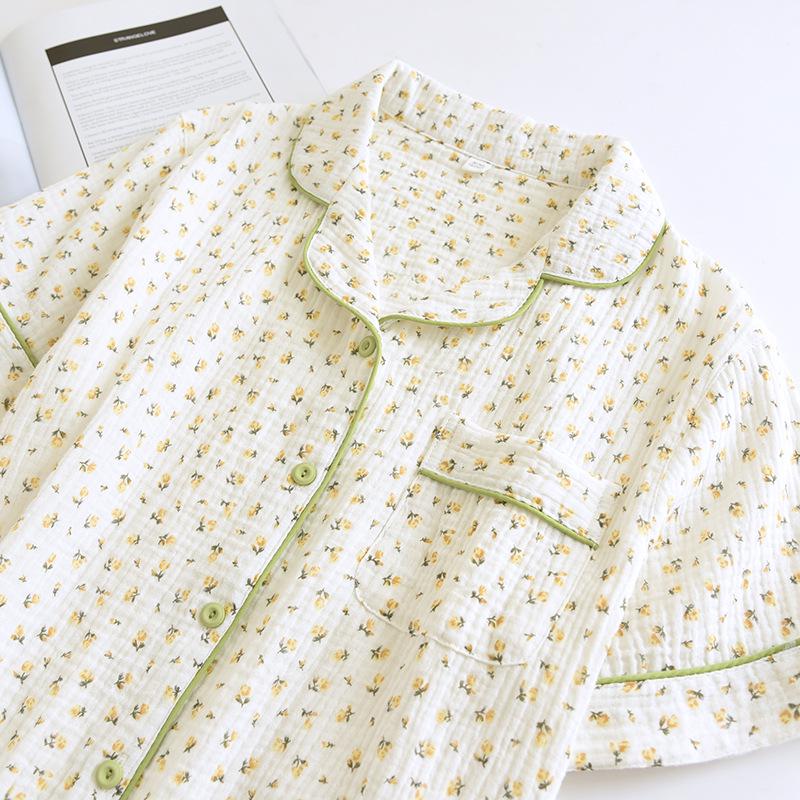 Women's Summer Cotton Gauze Pajama Set - Short Sleeve Top and Shorts