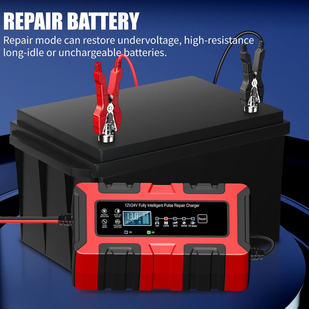 12V/24V 10A Smart Pulse Car & Motorcycle Battery Charger with Large Display