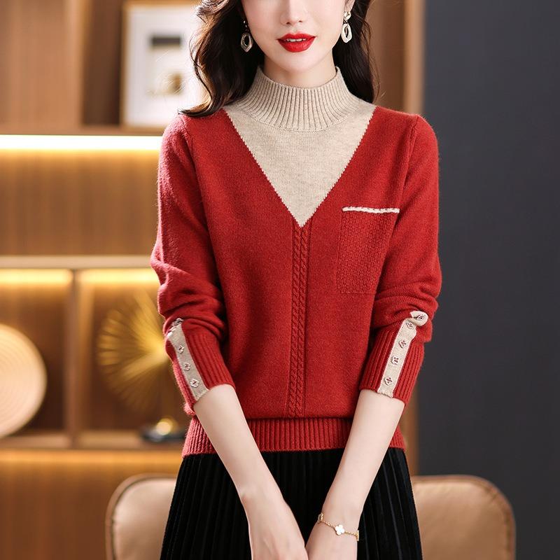 Women Vintage Splicing Panelled Sweaters Autumn Winter Fashion Mock Neck Long Sleeve Casual Slim Knitted Pullovers