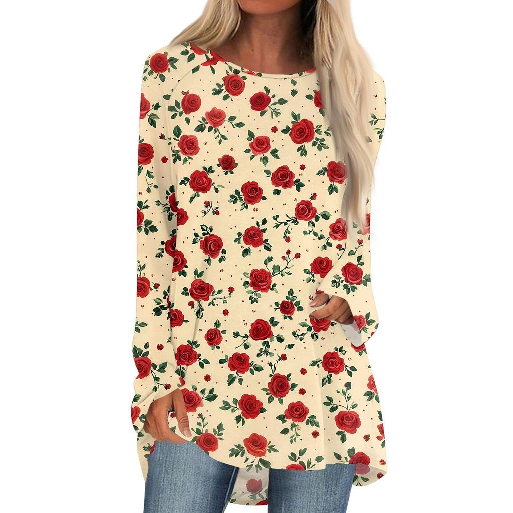 Women's Fashion Casual Long Sleeve Print Round Neck Pullover Top Blouse