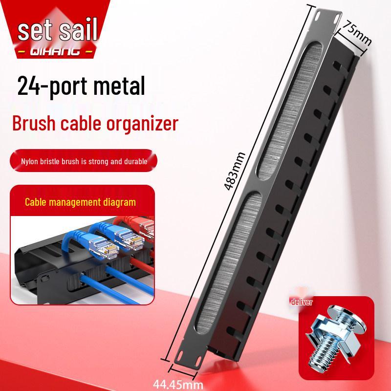 12/24-Port 1U Rack-Mount Network Cable Management Panel with Brush Cable Channel for 110 Telephone Patching
