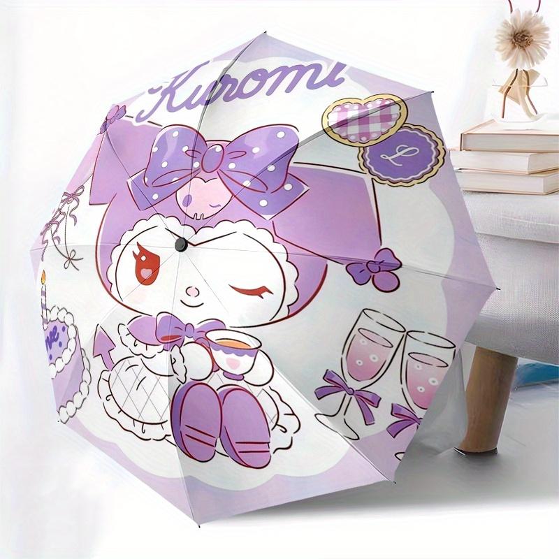 Kuromi,Sanrio Automatic Folding Umbrella Simple 8 Rib Design, Bright Cartoon Pattern, Durable Iron Frame, Suitable For Travel, Outdoor, Beac