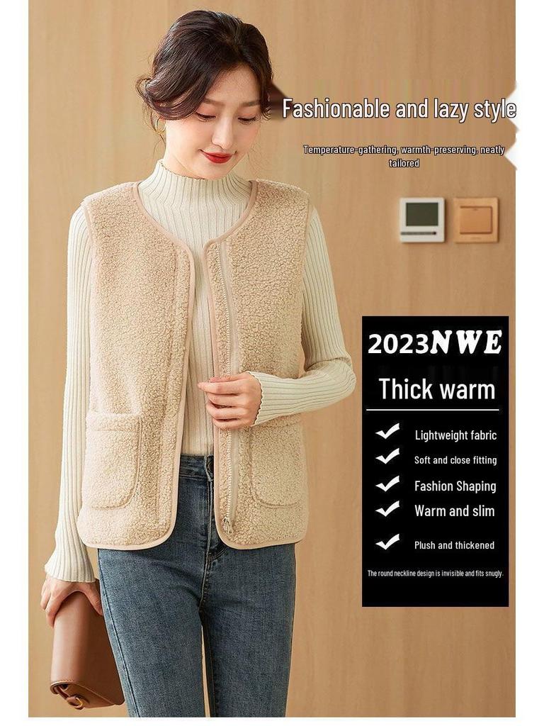 Gilet pour femme 2026 en laine d'agneau et cuir - Style coréen, Vêtement d'extérieur polyvalent Automne/Hiver