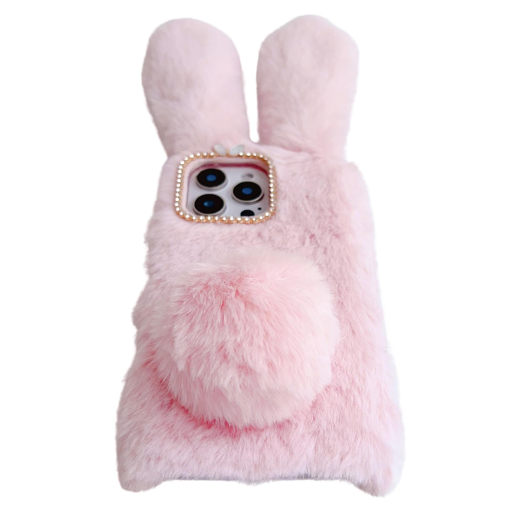 

For iPhone 16 Pro Case Bunny Ears Furry Soft TPU Protective Phone Cover Black