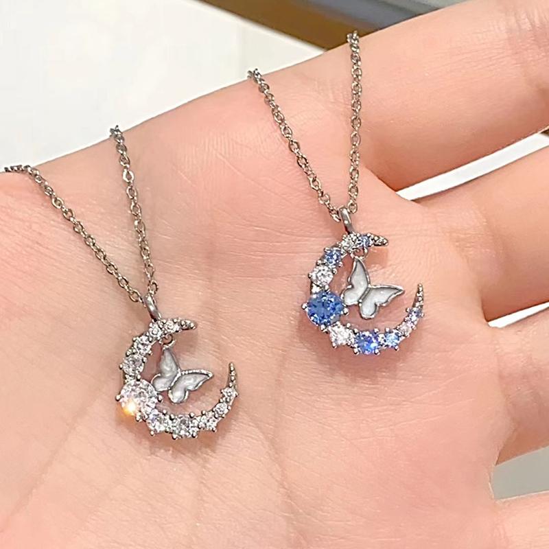 Fashion Sparkling Crystal Necklace Female Exquisite Moon Butterfly Chain Necklace For Women Choker Collar Wedding Party Jewelry Gift