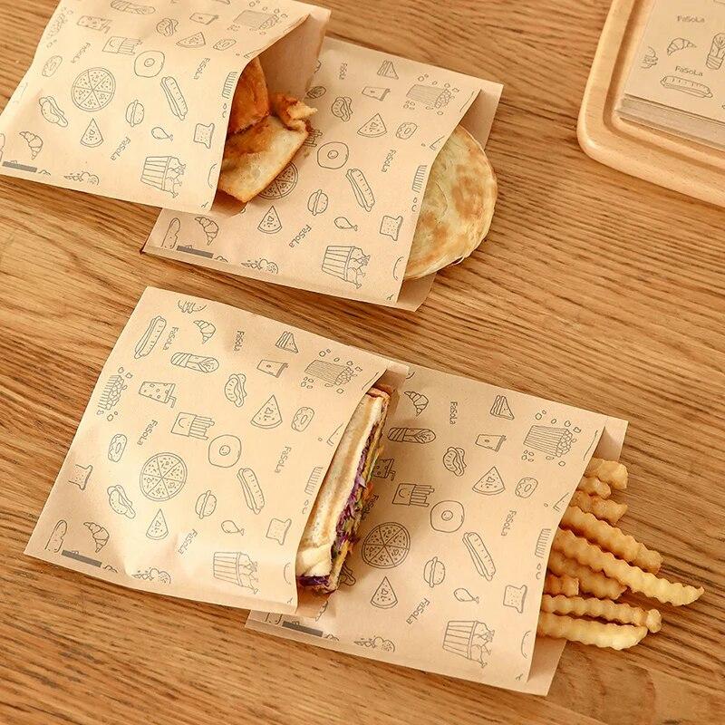 50Pcs Greaseproof Paper Bag, Kraft Paper Bag Food Wrapping Bag Disposable Packaging Baking Paper Plate Mat Kitchen Accessories