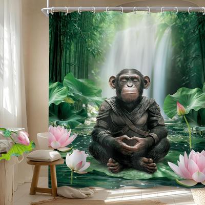 Funny Monkey Shower Curtain Meditation Zen Spirit Animal Chimpanzee Lotus Leaves Plant Bamboo Nature Bathroom Modern Waterproof
