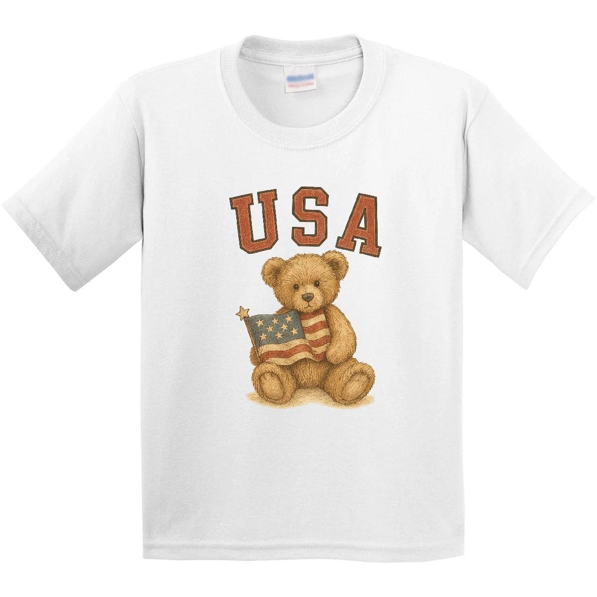 Inktastic Patriotic USA Teddy Bear With American Flag Youth T-Shirt Holiday Tee 130