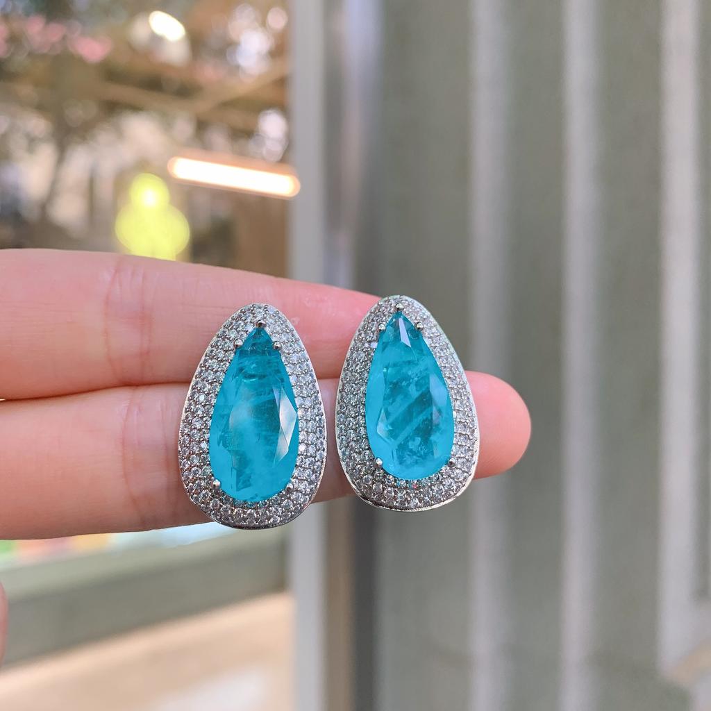 Jewelry Popular Anti-Real Paraiba Large Water Drop Pendant Necklace Stud Earrings Set Main Stone 10 * 20