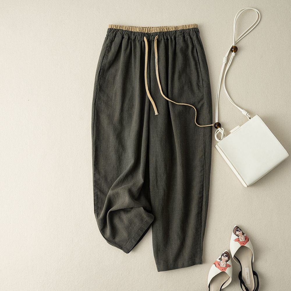 Women Summer Retro Cotton Linen Loose Harem Pants Elastic Drawstring Waist Casual Pants Basic Versatility Wide-leg Ankle-Length Pants