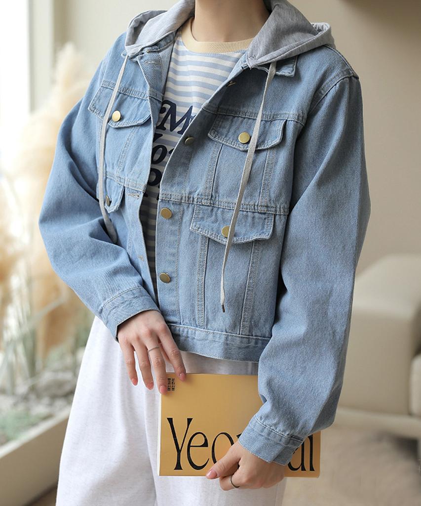 Bbaebbae Detachable Hood Button Crop Denim Jacket