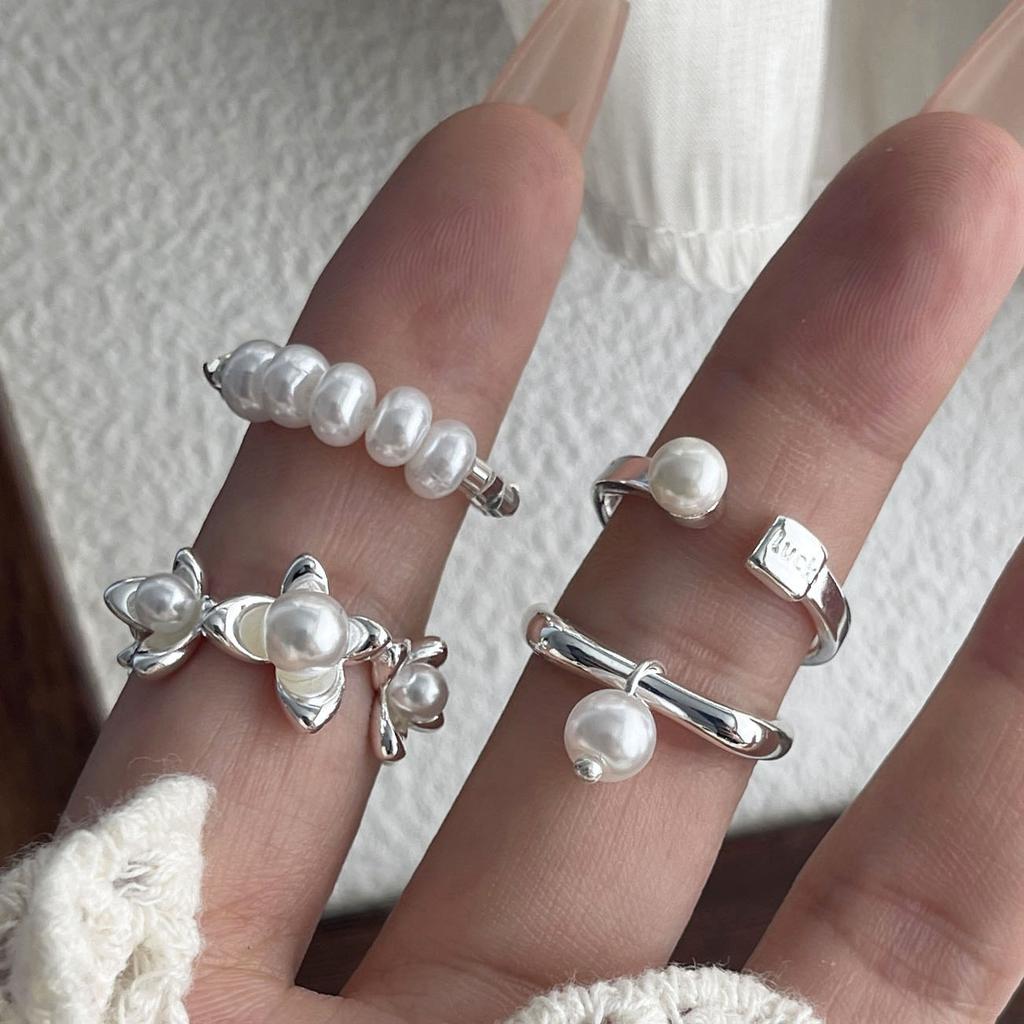 925 Sterling Silber Ringe für Damen Paar Minimalistisch Handgefertigt Einfach Blume Perlenring Feiner Schmuck Geschenk Allergievorbeugend
