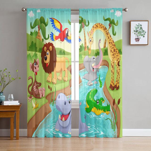 Tropical Jungle Zoo Cartoon Animal Sheer Curtain For Living Room Bedroom Kitchen Window Decor Giraffe Elephant Tulle Curtains
