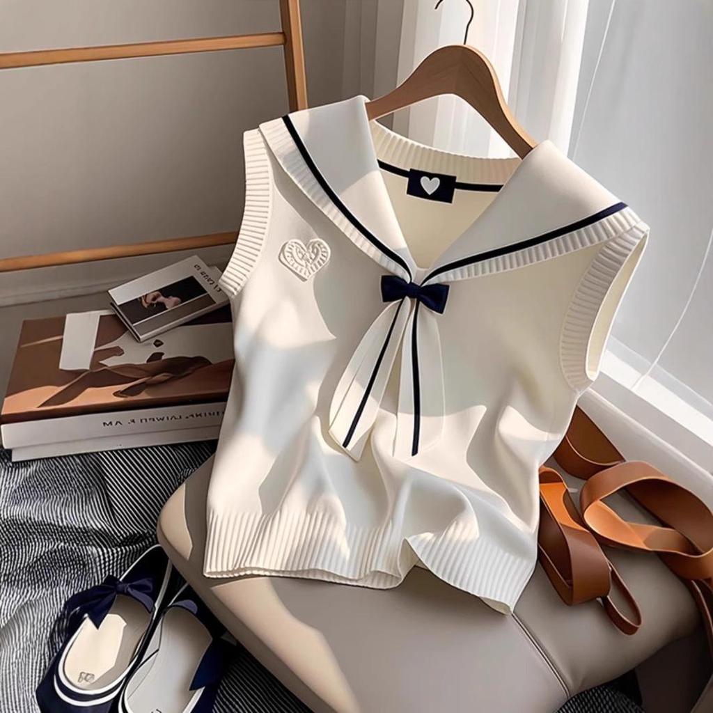 2025 Summer Milk White Knit Sailor Collar Bow Vest - Korean Style Women's Tank Top
