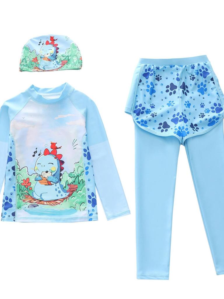 Boys' Quick-Dry Cartoon One-Piece Swimsuit with Long Sleeves and Sun Protection