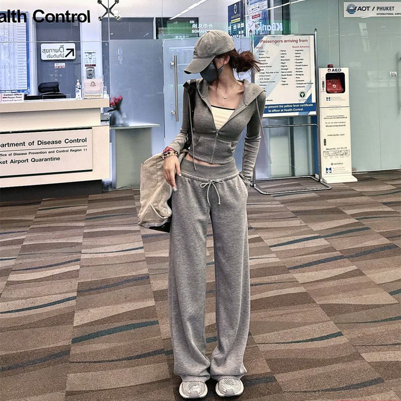 

Casual Fashion Set Women s Back Rope Cinched Hoodie Sweatshirt Outwear Drawstring Straight-leg Loose Pants Two-piece Set Spring Grey L (Recommendation 55.00 kg-61.00 kg