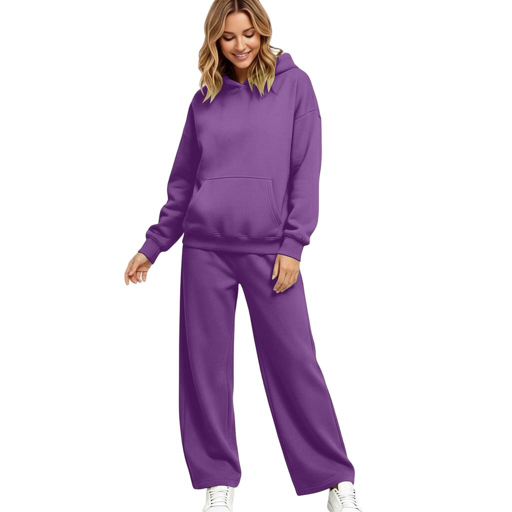 Women's Lined Drop Shoulder Top and Wide Leg Pants 2 Piece Set Color Loose Fit Casual Fall Winter Outfit