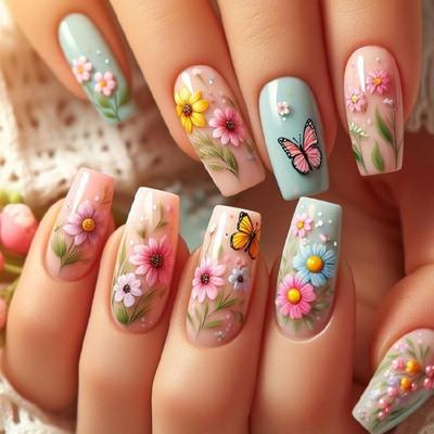 24 Stück Quadratische Falschnägel Aufdrücknägel Künstliche Nägel Falsche Nägel Aufklebenägel mit Blumendesigns Französische Nagelspitzen