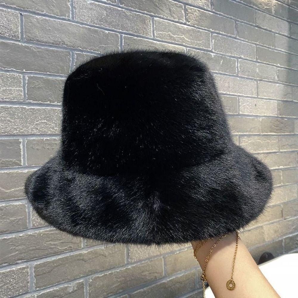 

Solid Color Women Bucket Hat Faux Fur Plush Winter Hat Fashion Fluffy Fisherman Cap чорний