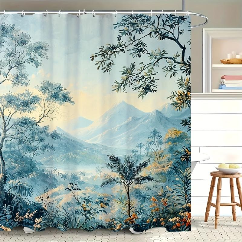1pc Vintage Jungle Scene Shower Curtain with 12 Hooks - Majestic Mountains, Lush Foliage & Sunlit Canopy Design, 70.8x70.8 Inch