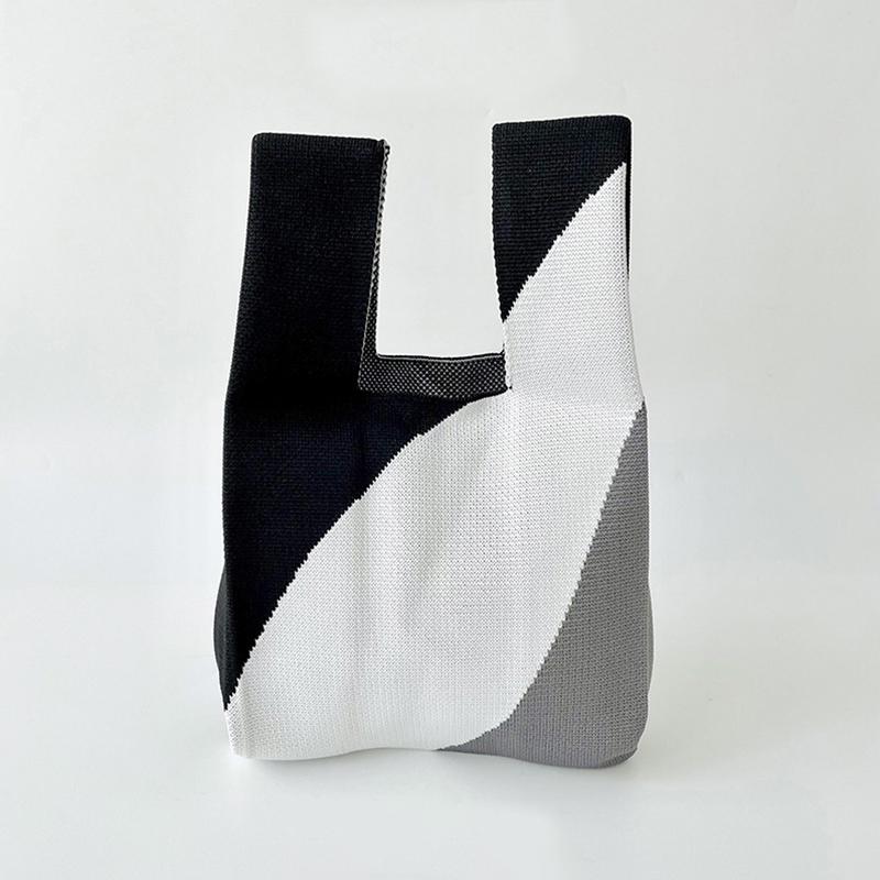 Yogodlns Czarna biała torebka z dzianiny ręcznie robiona torba z grubej bawełny torby na zakupy wielokrotnego użytku kobiety dziewczęta torba na nadgarstek na co dzień z węzłem torba do przechowywania na zewnątrz