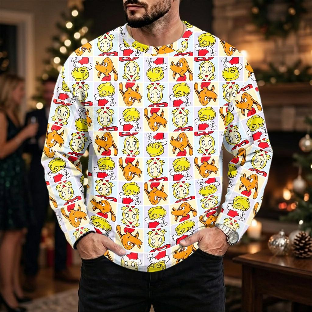 Men's Casual Loose Fit Long Sleeve Neck Tee with Christmas Print for Fall Winter
