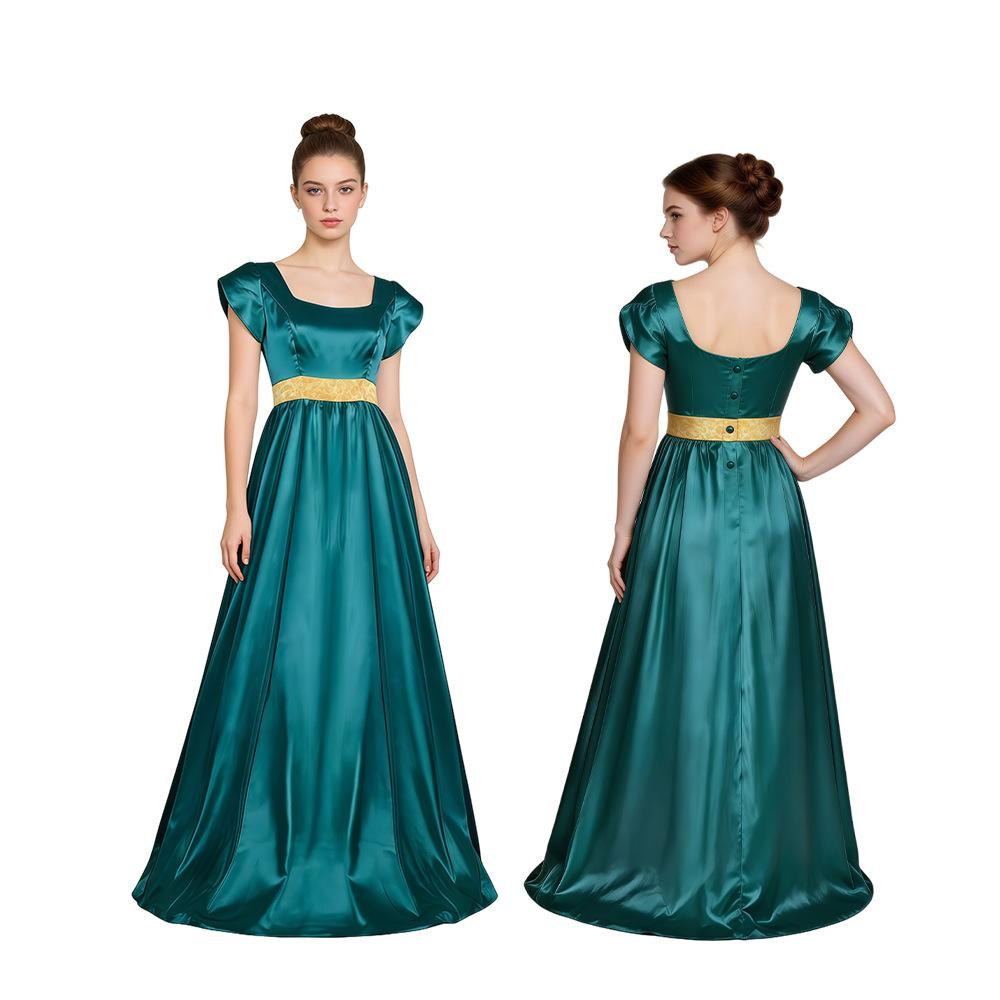 Bridgeton Regency Dress Silk Satin Bubble Sleeve Long Dress Halloween Victorian Cosplay Dress
