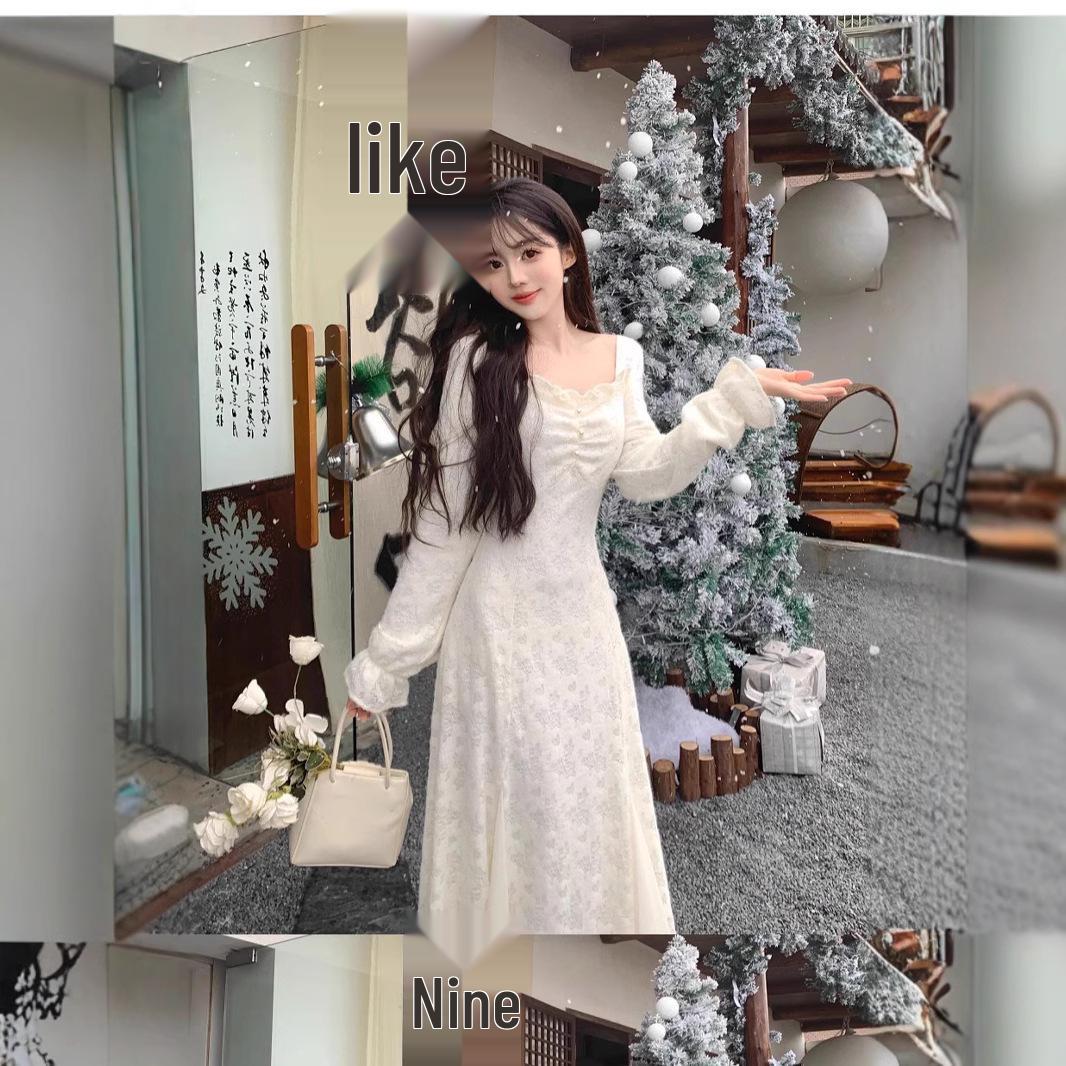 

2024 French Women s Autumn/Winter Square Neck Bodycon Dress S белый