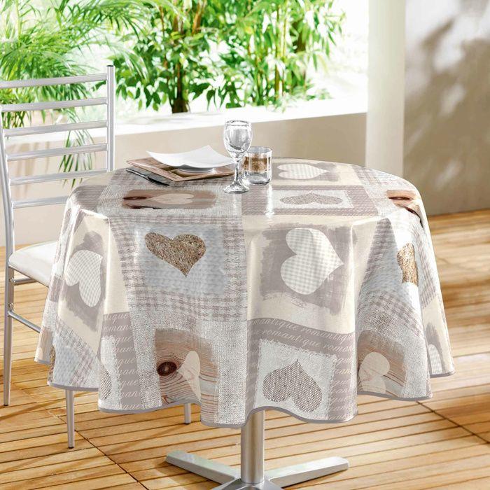 Nappe Ronde - Cosy Coeur - 160 Cm - Marron - Lavable - Motifs Variés