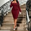 European and American large-size autumn new temperament elegant square collar solid color flower slim dress