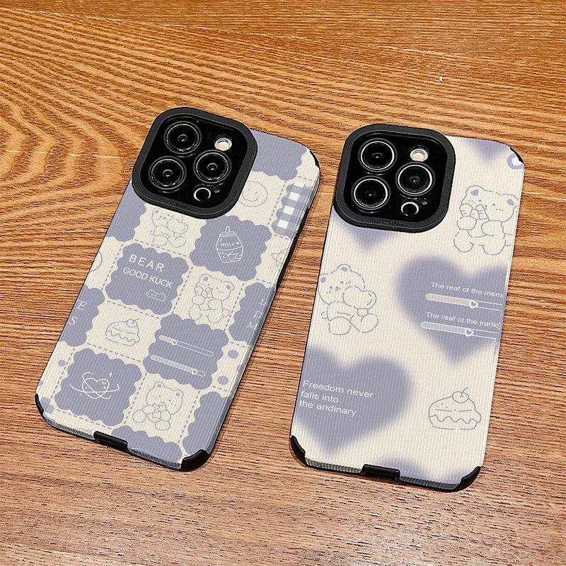 Vertical Grain Leather Cute Cartoon Bear Printed Soft Silicone Phone Case Back Cover with Camera Lens Full Protection for Samsung