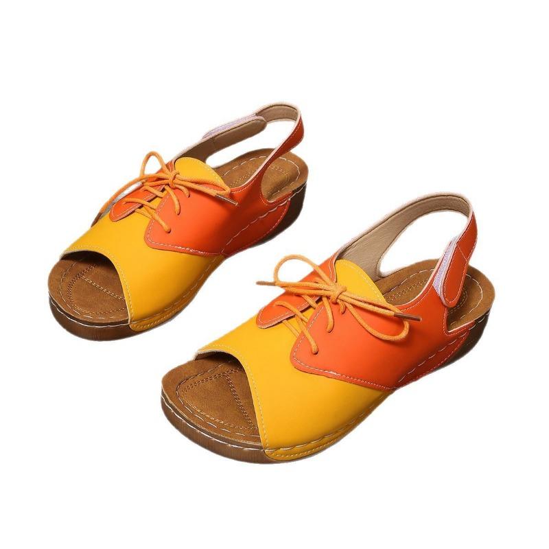 Color-blocked Large-sized Sandals Women's Thick-soled Shoes Wedge Heels Lace-up Velcro Beach Flip-flops
