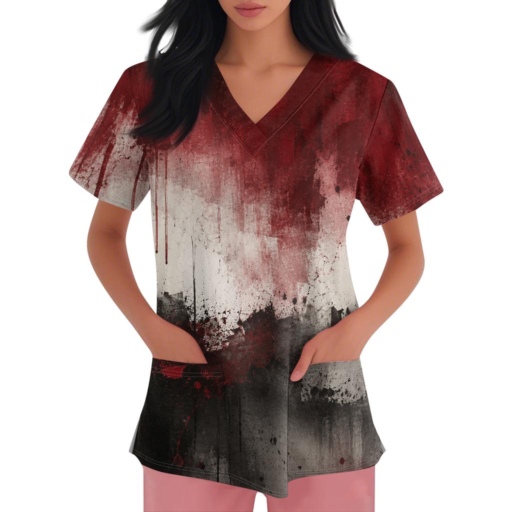 Womens Halloween Print V Neck Scrub Top Short Sleeve Medical Uniform Shirt with Pocket Comfortable Fit Lightweight Fabric