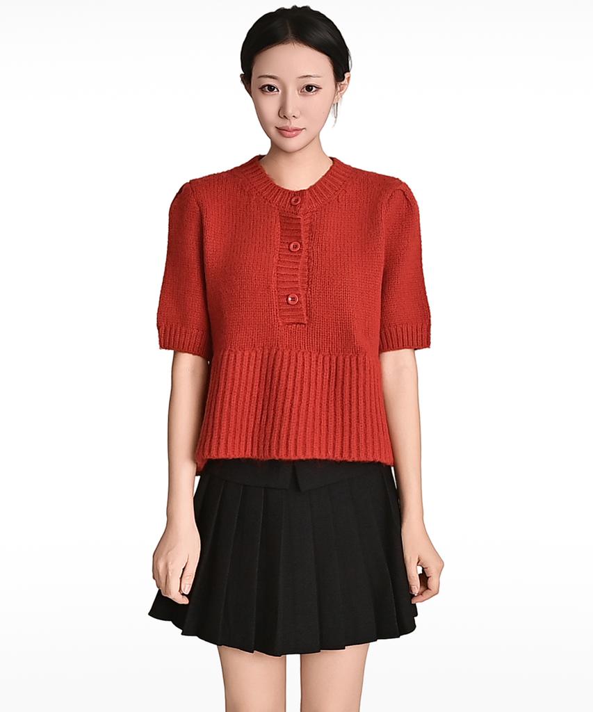 Keulleiseu Princess Puff Sleeve A-Line Short Sleeve Knit_Navy