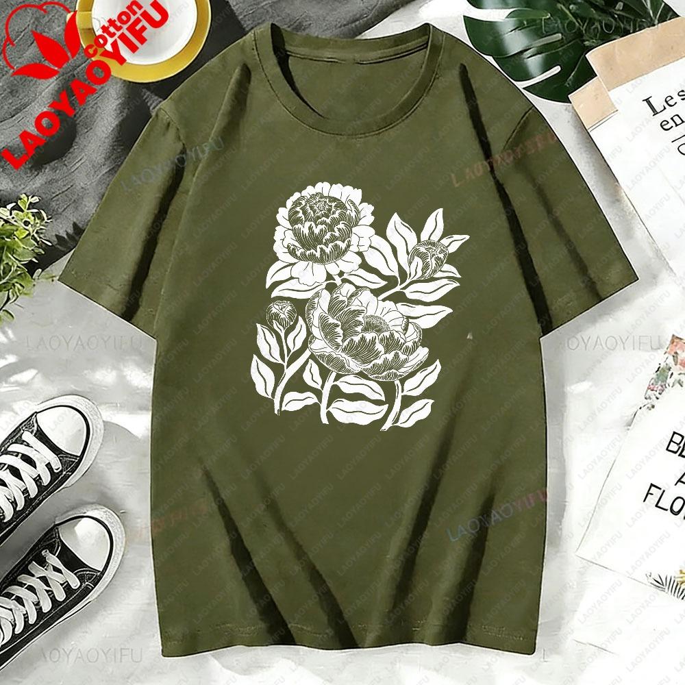 Peony Floral Ringer Tee Vintage Botanical TShirt Cottagecore Flower Shirt Retro Linocut Floral Tee Boho Garden Graphic Shirt