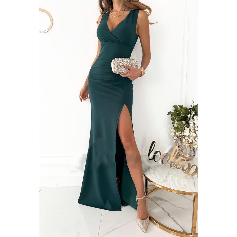 YYFS Women's Fashion Summer Spring Solid Color Print Sleeveless V-Neck High Waist Casual Dresses