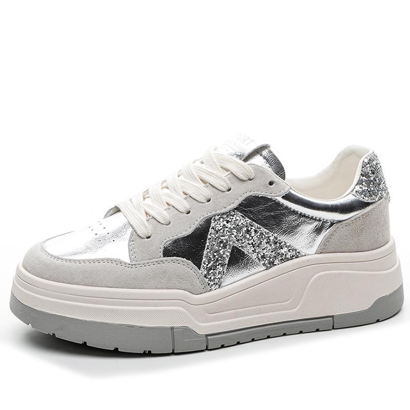 

Женские весенние белые кроссовки на шнуровке - Удобные, Модные, На плоской подошве, На толстой подошве, Повседневная обувь 36 серебряный