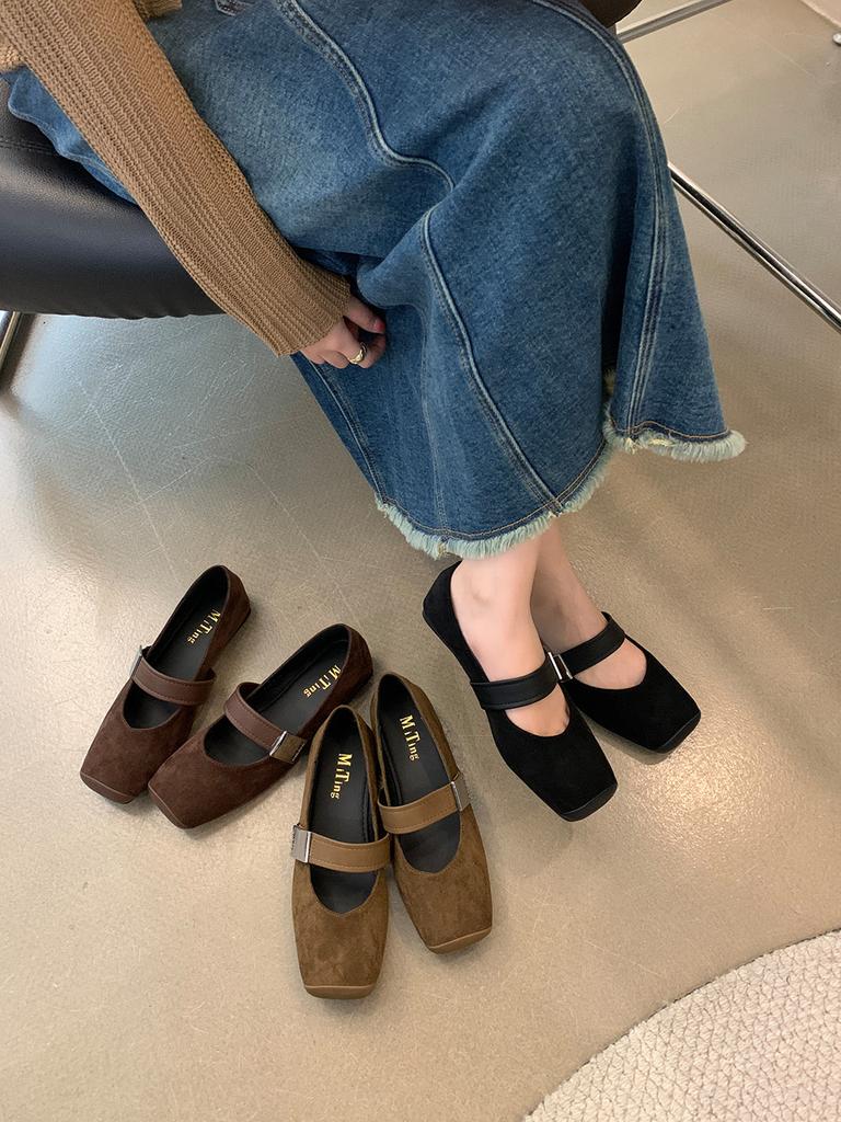 fashion Flock Women Loafers Square Toe 2024 New Arrivals Mary Janes Belt Buckle Flat Low Heeled Black Brown Green Autumn Spring Shoes