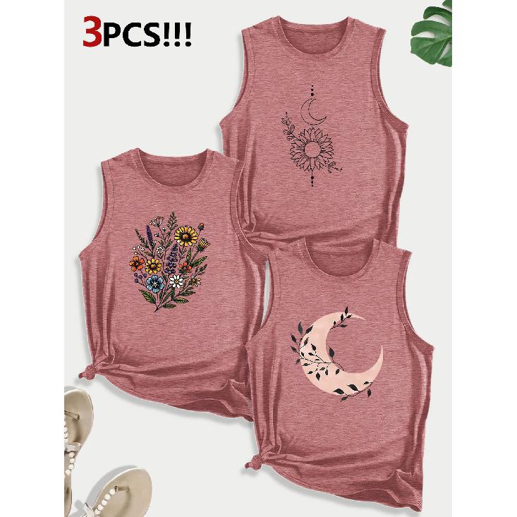 Dog Lover Paw Print Combination Gift Printed Pattern Round Neck3Pack of Sleeveless Vests for Women In Spring, Summer, and Autumn