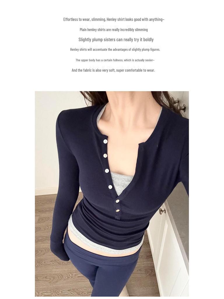 Women's Slim Fit Faux Cashmere Henley Top - Autumn/Winter Long Sleeve