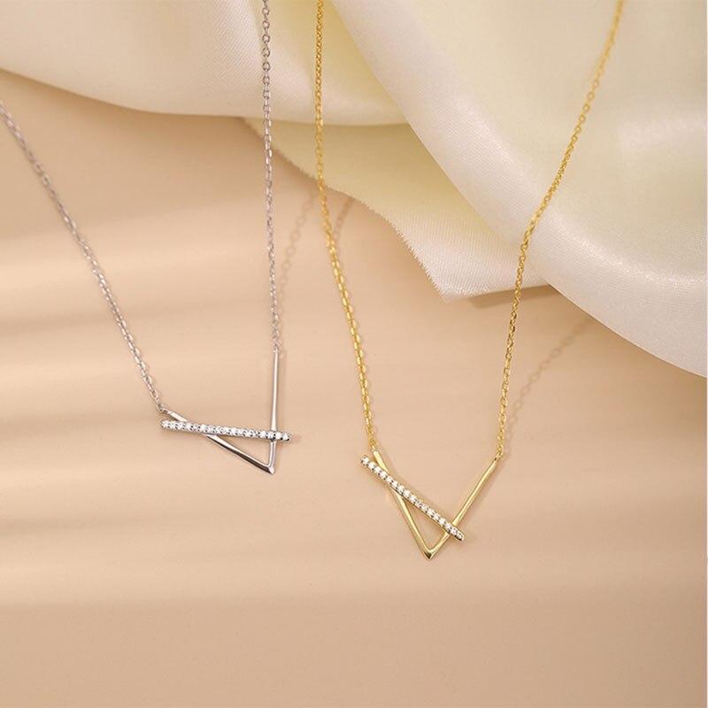 925 Sterling Silver V-shaped Necklace for Women Geometric Cross Clavicle Chain Necklace Jewelry Gifts