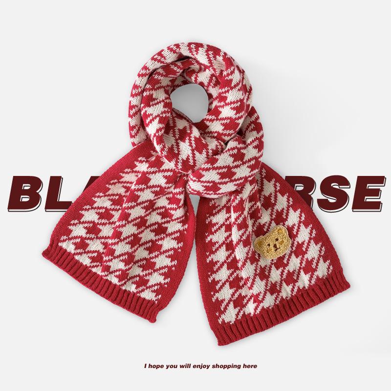 

Japanese cute bear earth color wool short small scarf parent-child warmth versatile striped brown knitted scarf kids style