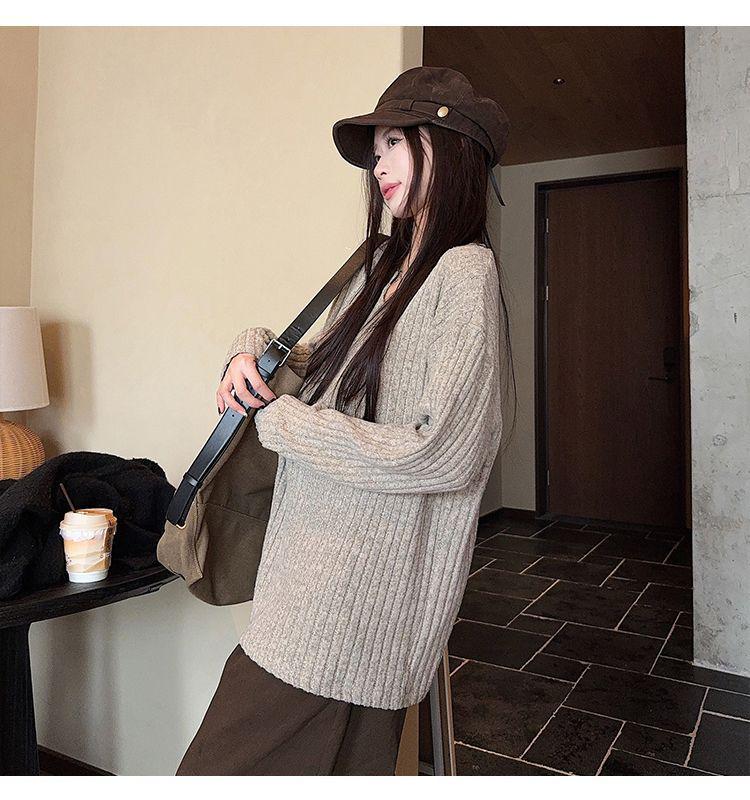 Solid Color Textured Long-Sleeve Women's Base Layer Shirt - Korean Style, Loose Fit for Spring/Autumn