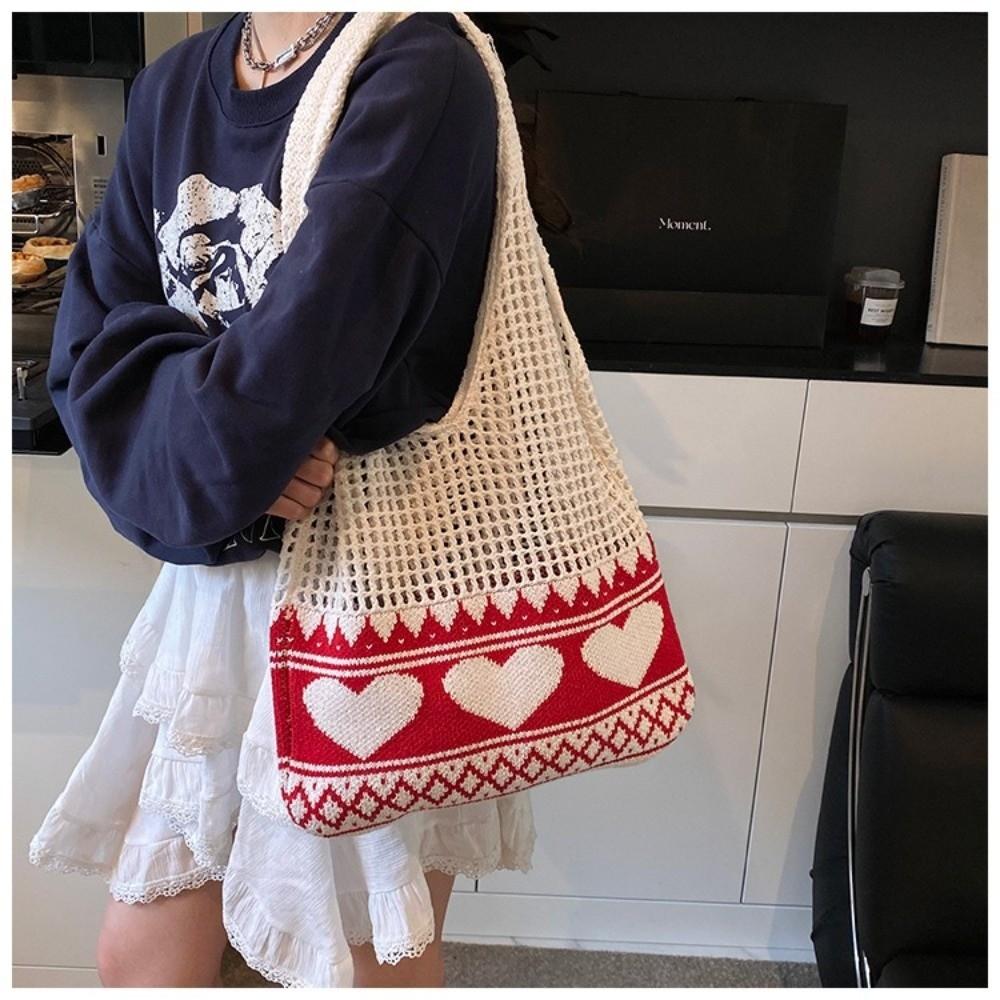 New Korean Style Shoulder Bags Knitted Material Cute Heart Pattern Beach Hangbag Large Capacity Shopping Bags Casual Outing