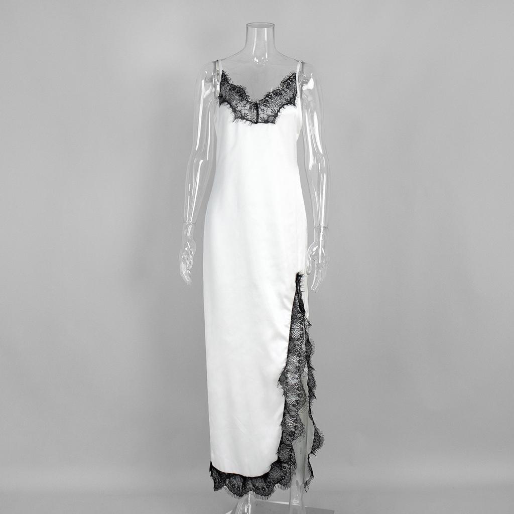 Lace lace suspender long dress European and American summer simulation silk sexy split splicing lace dress women