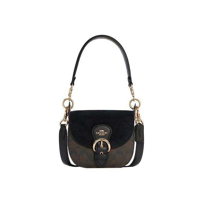 

Coach Brown Signature Canvas & Suede Saddle Shoulder Bag with Gold Hardware for Daily Use Basic Set (Bag+Dust Bag)