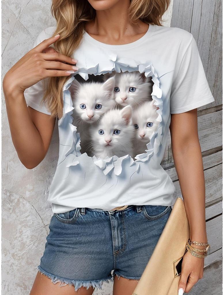 Süße Kätzchen T-Shirts Kawaii Katze 3D-Druck Sommer Damen Rundhals Kurzarm T-Shirt Harajuku Tees Y2k Tops Damenbekleidung
