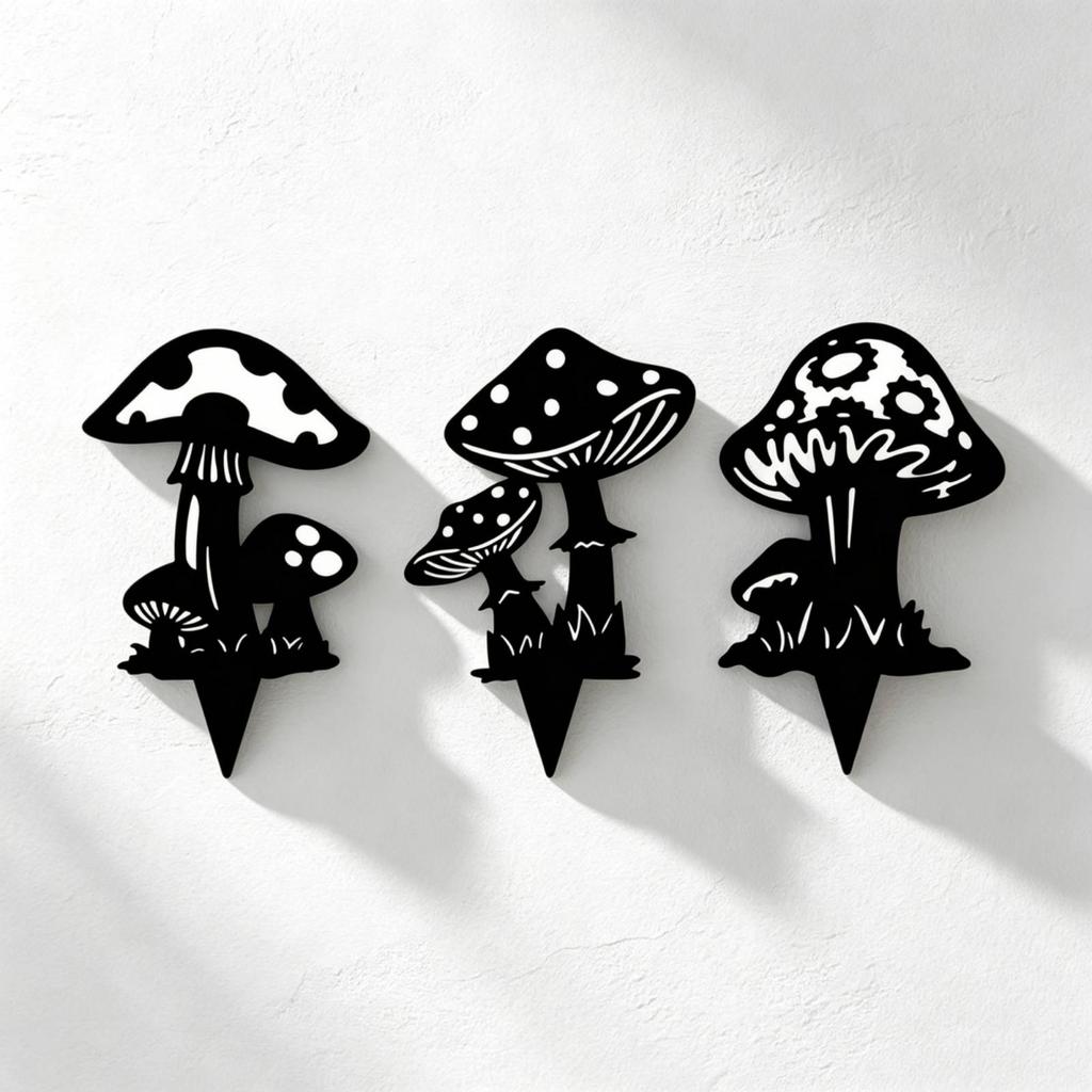 Mushrooms Ground Insert Black Metal Silhouette Sign Flat Garden Stakes for Gardeners,