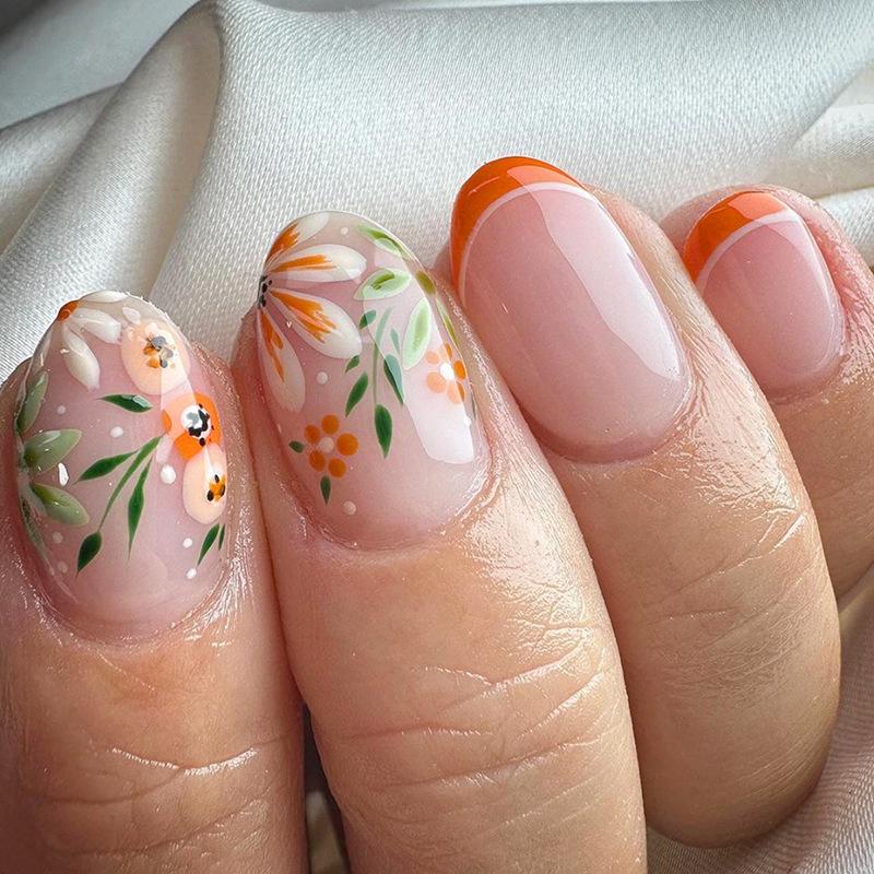 24ks Tisk na nehty s leopardím vzorem Krátké Oválné Mandlový Tvar Plné Krytí Nálepky na False Nails Podzimní Cool Pikantní Manikúra Set