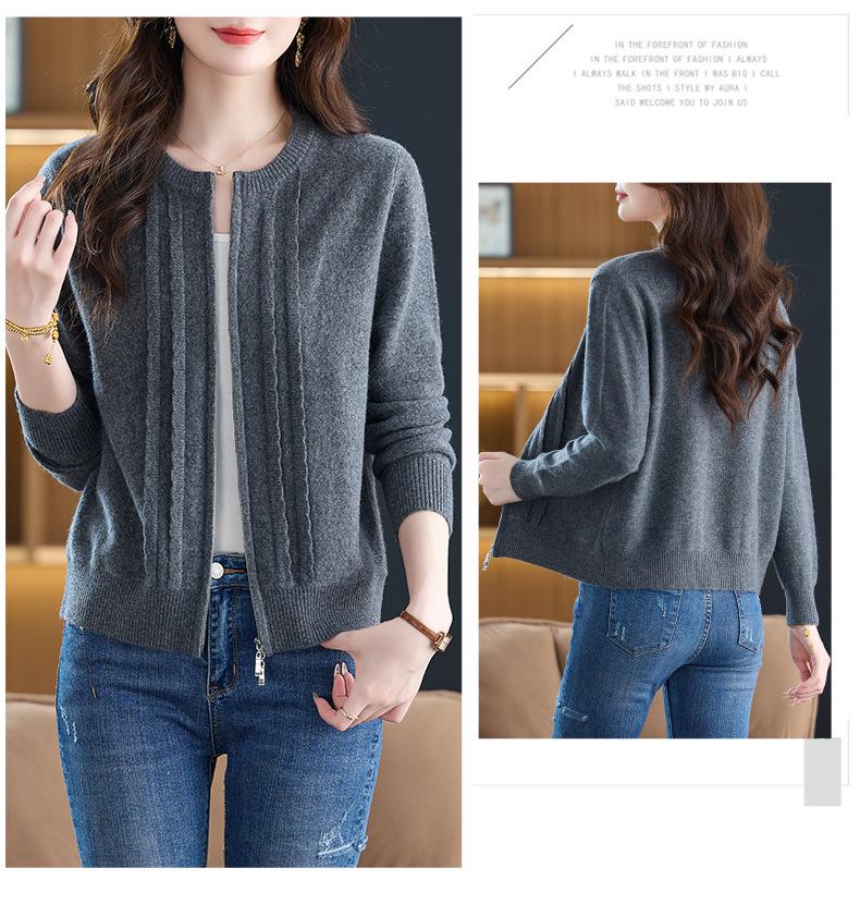 New Women's Loose-Fit Pure Wool Zipper Cardigan - Spring/Autumn